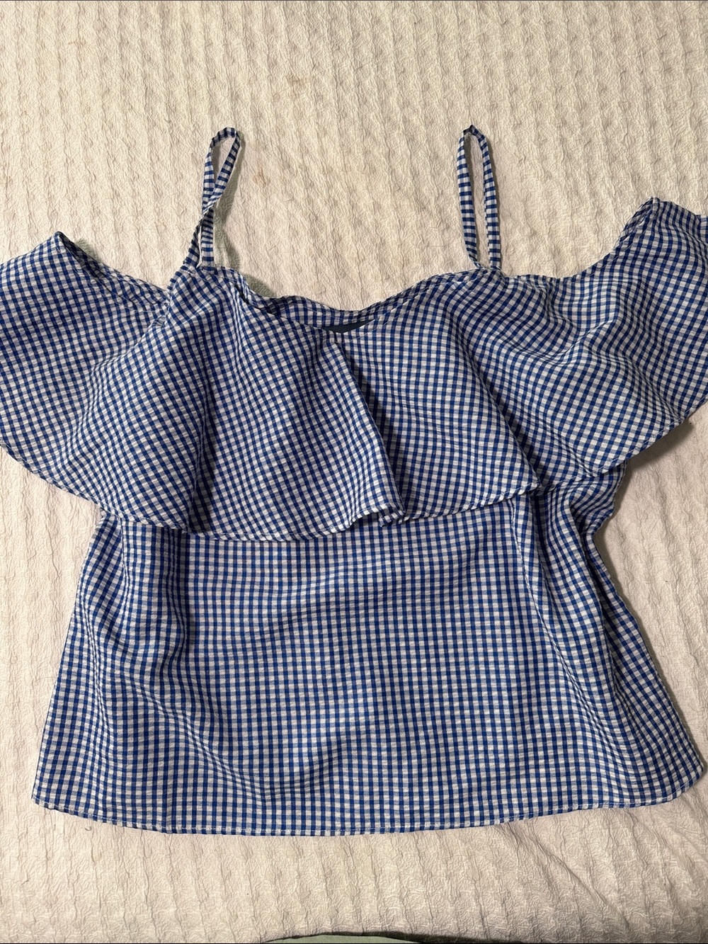 Blue Gingham Ruffle Off-Shoulder Camisole